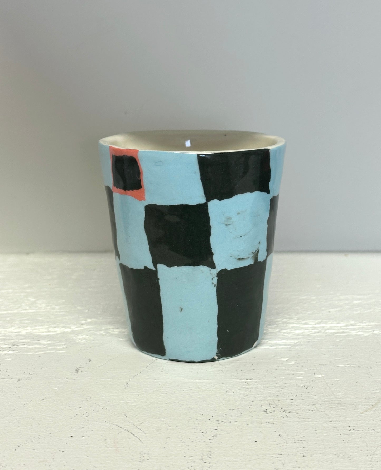 sage grey and robins egg checks with touch of red cup