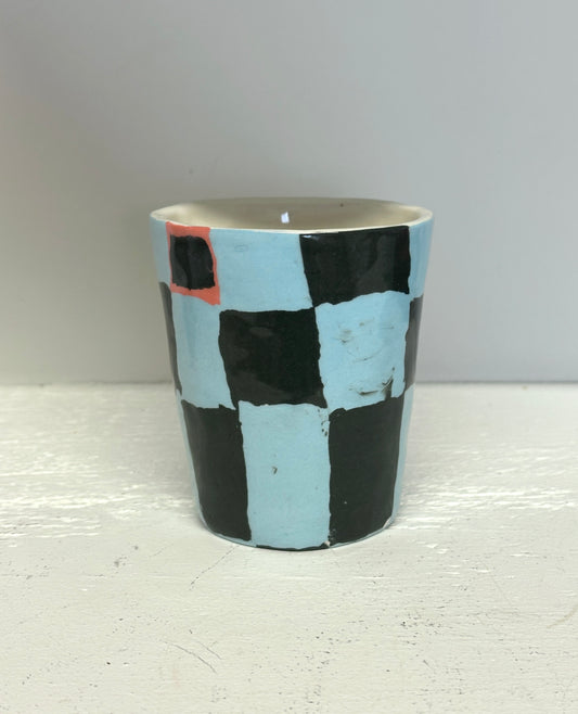 sage grey and robins egg checks with touch of red cup