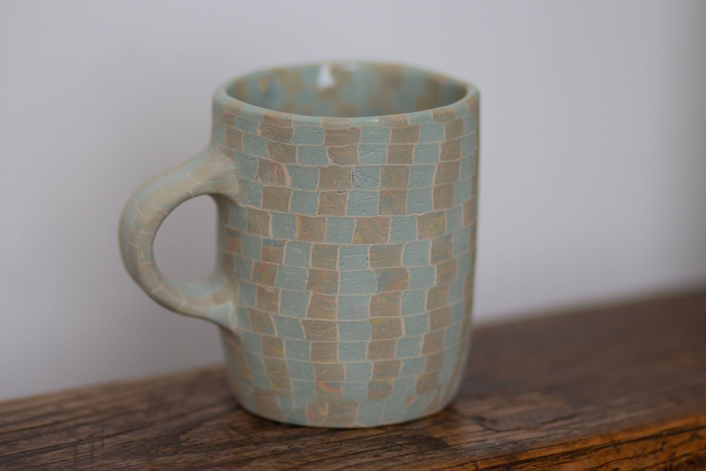 light blue checkered mug