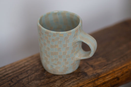 light blue checkered mug