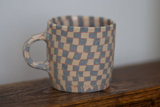 blue and white checkered mug