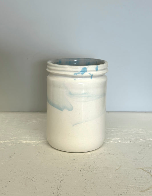 glossy jar shaped cup in white and blue