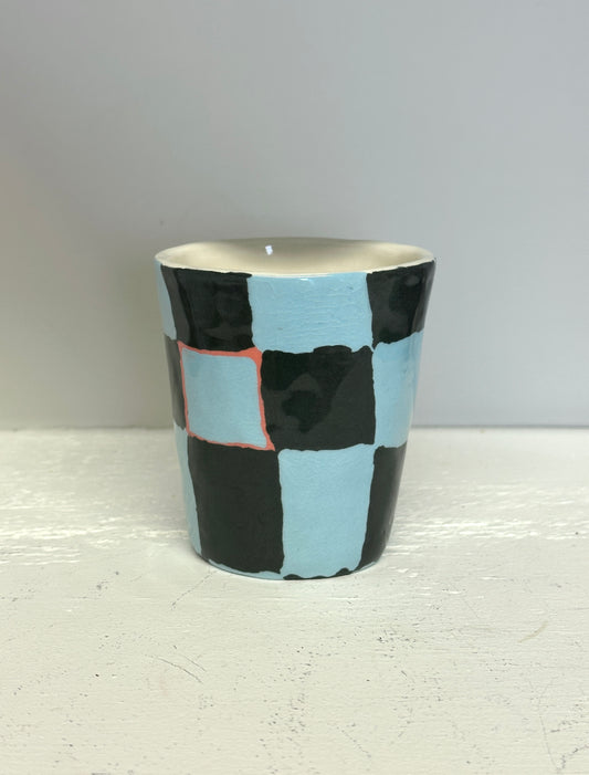 sage grey and robins egg checks with touch of red cup